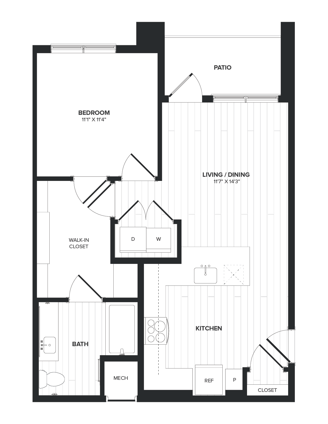 Floor plan for 1 bed, 1 bath, 722 sqft